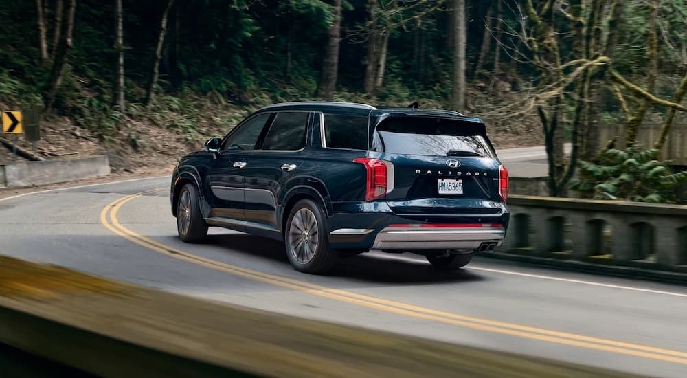 A blue 2024 Hyundai Palisade is shown from the rear at an angle.