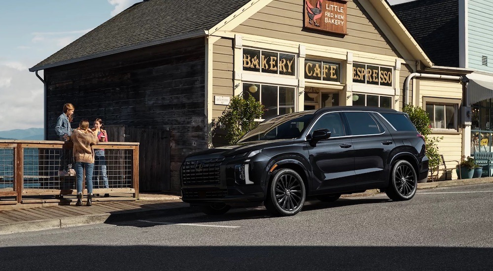 A black 2025 Hyundai Palisade is shown from the side.