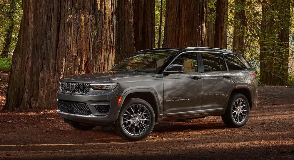A grey 2022 Jeep Grand Cherokee is shown from the side.