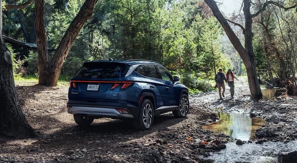 A blue 2025 Hyundai Tucson Limited parked in a forest.