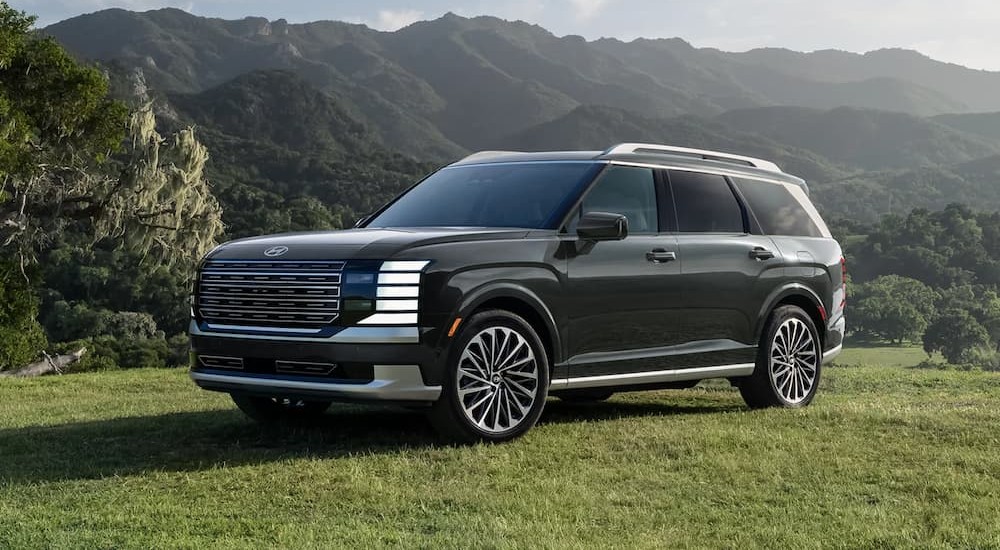 A black 2026 Hyundai Palisade Hybrid parked on grass.
