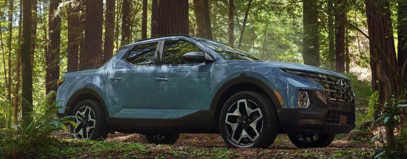 A blue 2024 Hyundai Santa Cruz parked in the forest.