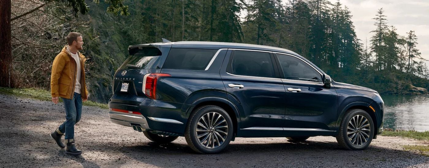 Side view of a dark blue 2025 Hyundai Palisade parked by a lake.