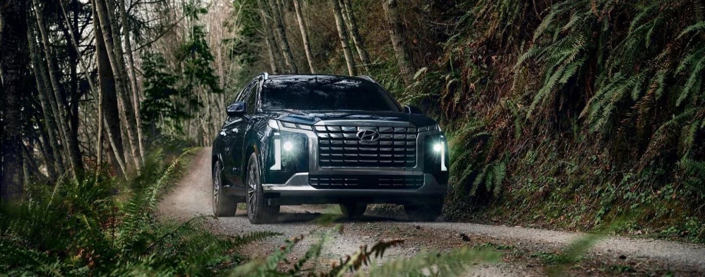 A green 2023 Hyundai Palisade driving off-road.